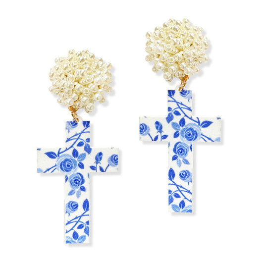 Blue Floral Cross Earrings