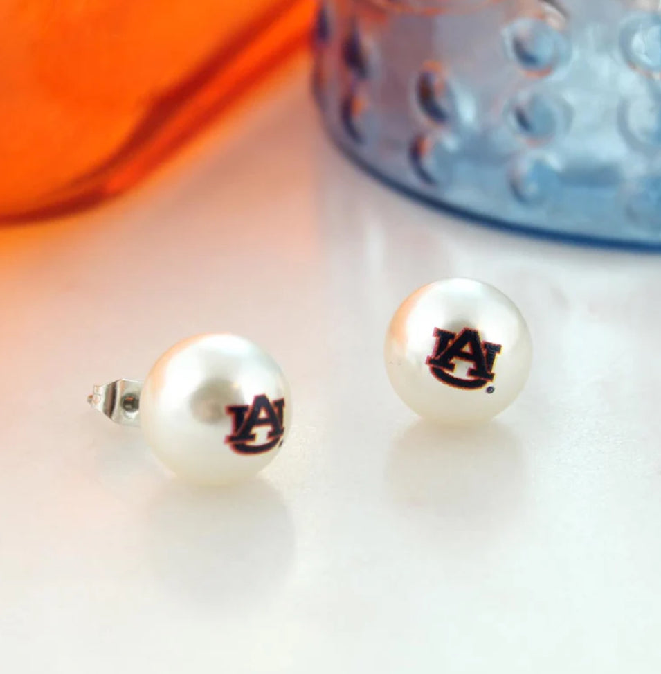 Auburn Logo Pearl Stud Earrings