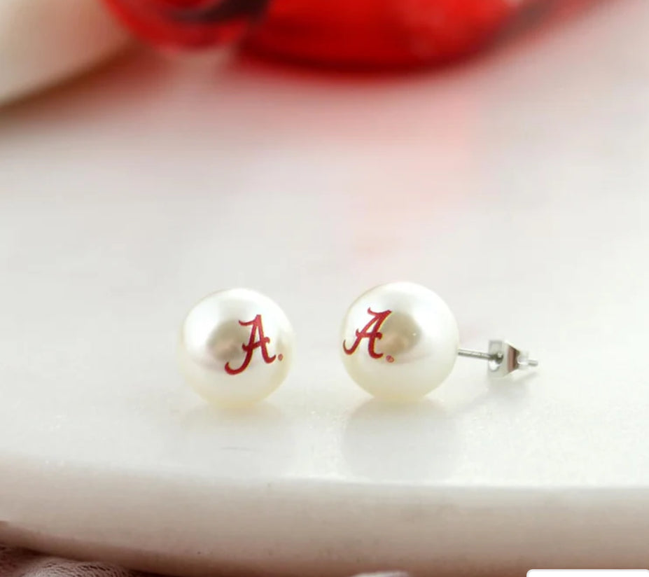 Alabama Logo Pearl Stud Earrings