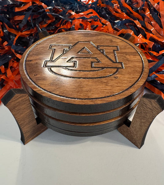 Officially Licensed Auburn University Wood Coaster Set- Set of 4 with stand