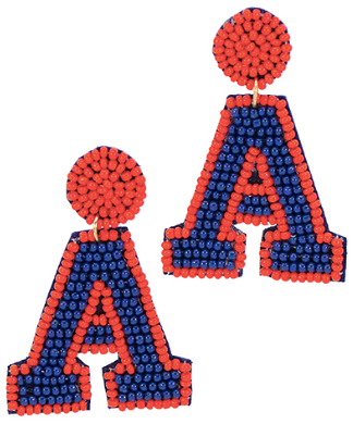 Orange and Navy Letter "A" Seed Bead Earrings