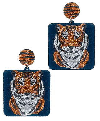 Navy Tiger Glitter Square Earrings