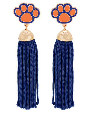 Navy and Orange Paw Print Tassel Earrings