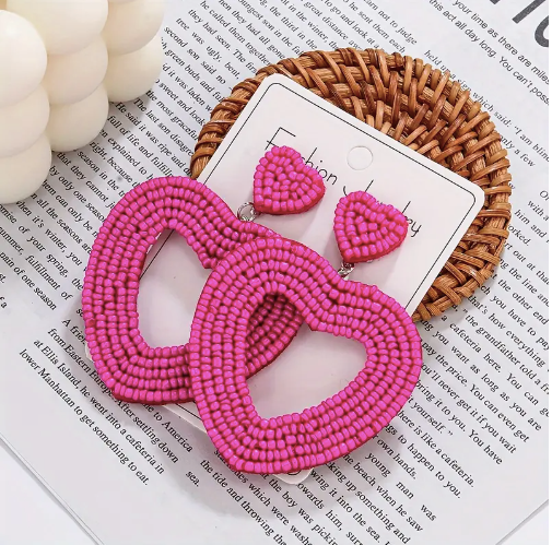 Beaded Heart Earrings (Hot Pink)